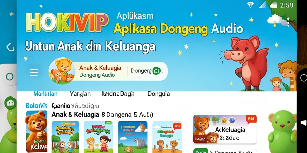 Antarmuka HOKIVIP yang ramah anak dengan berbagai pilihan dongeng audio.