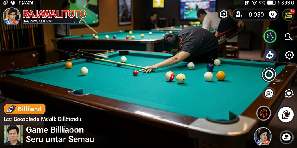 Antarmuka RAJAWALITOTO menampilkan meja billiard yang elegan dan interaktif.